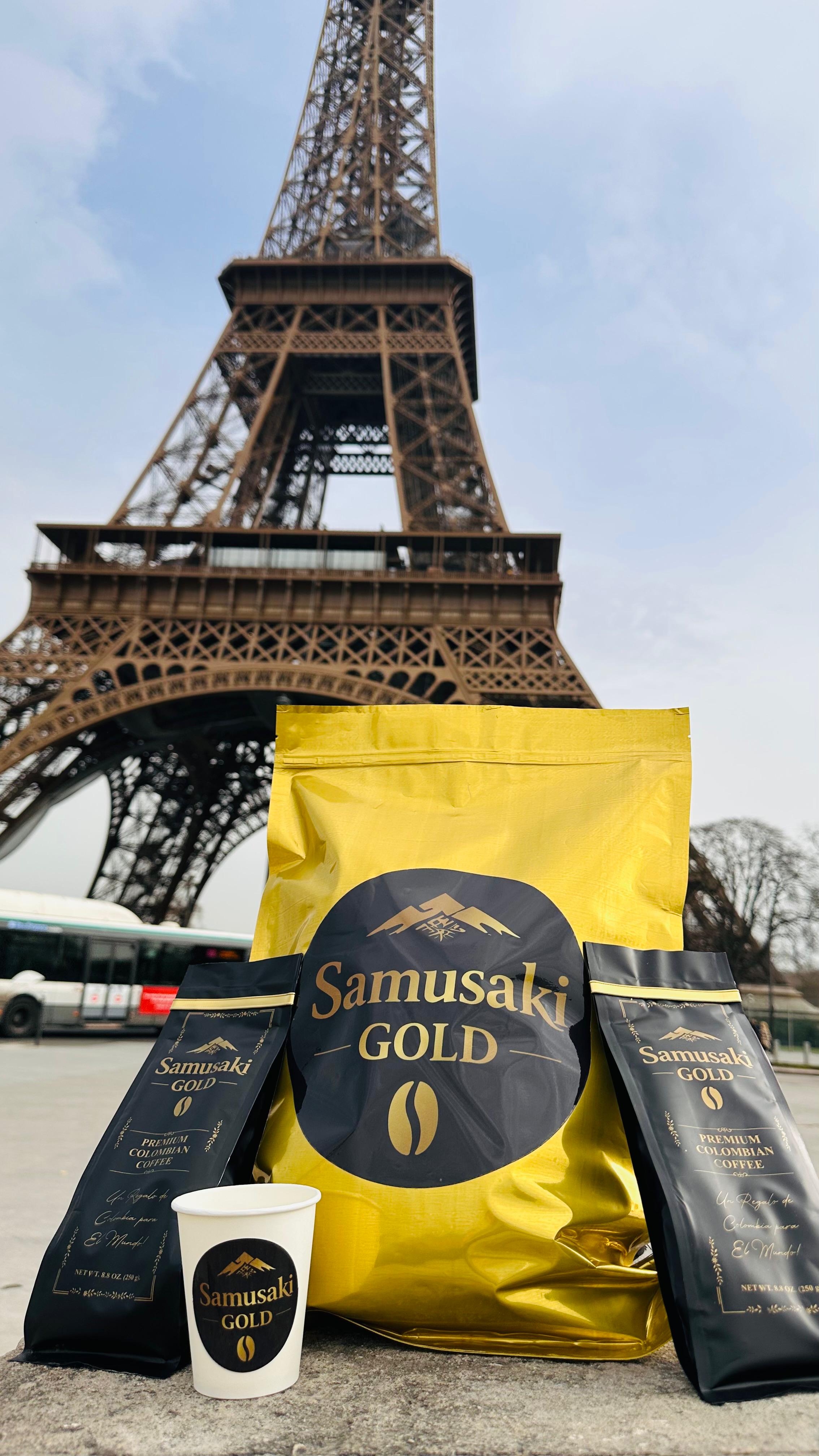 Samusaki Gold ante la Torre Eiffel iluminada de noche